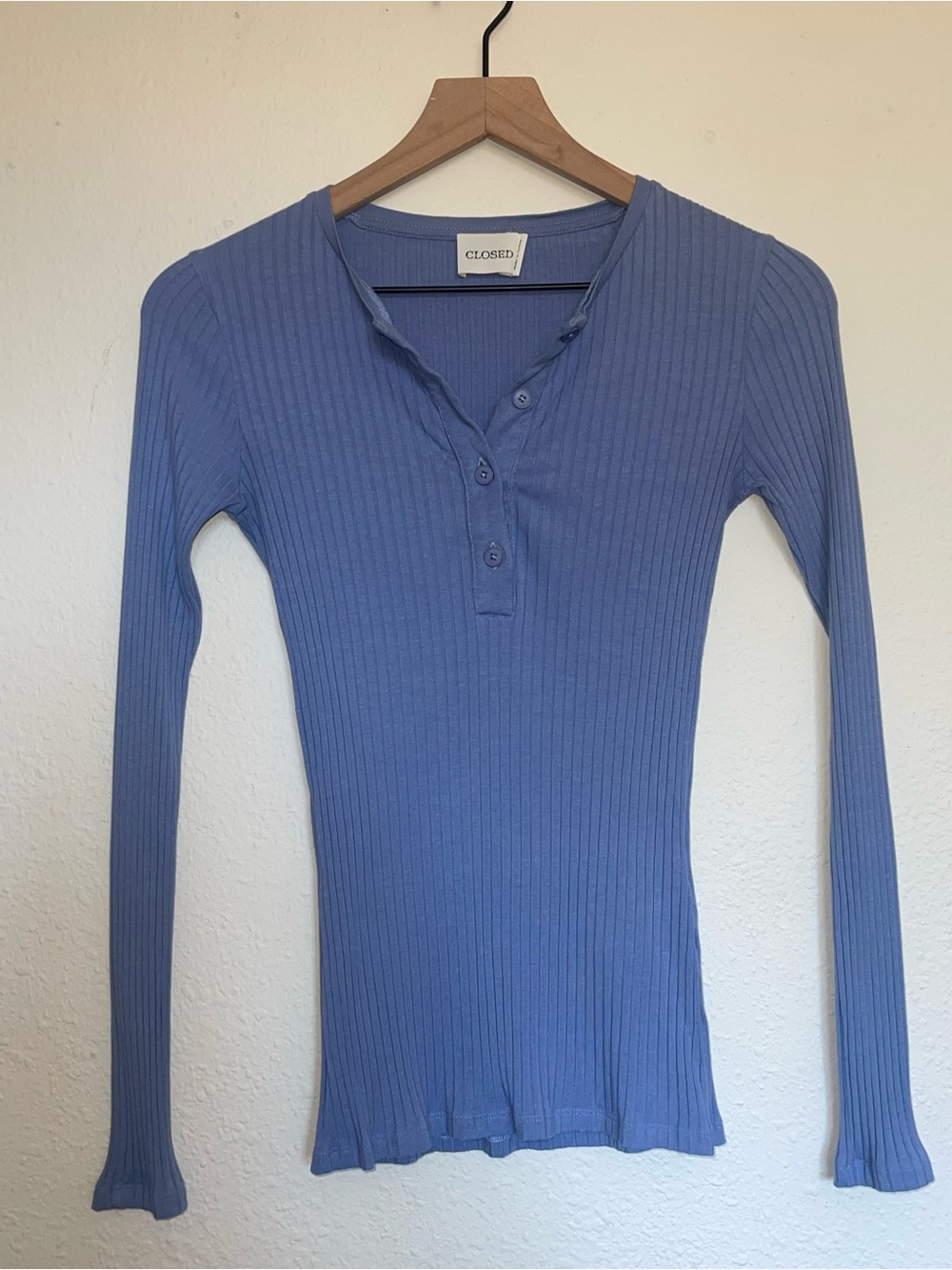 CLOSED Luxury Ribbed Knit Henley Top Dusty Blue Long Sleeve Button Size XXS